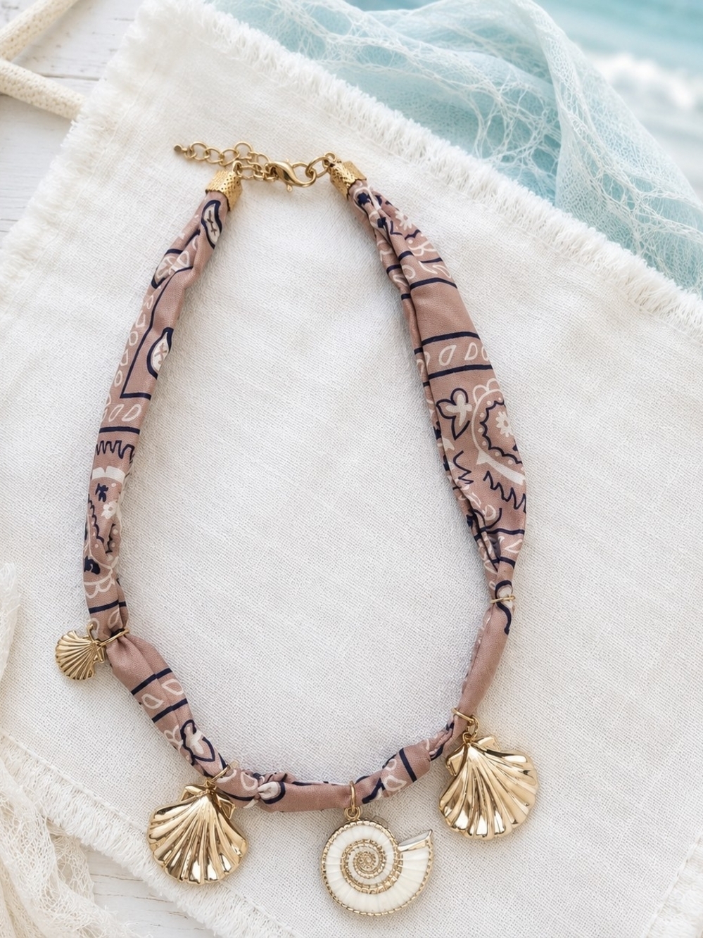 Beachy Shell Charm Scarf Necklace Coastal Boho Jewelry